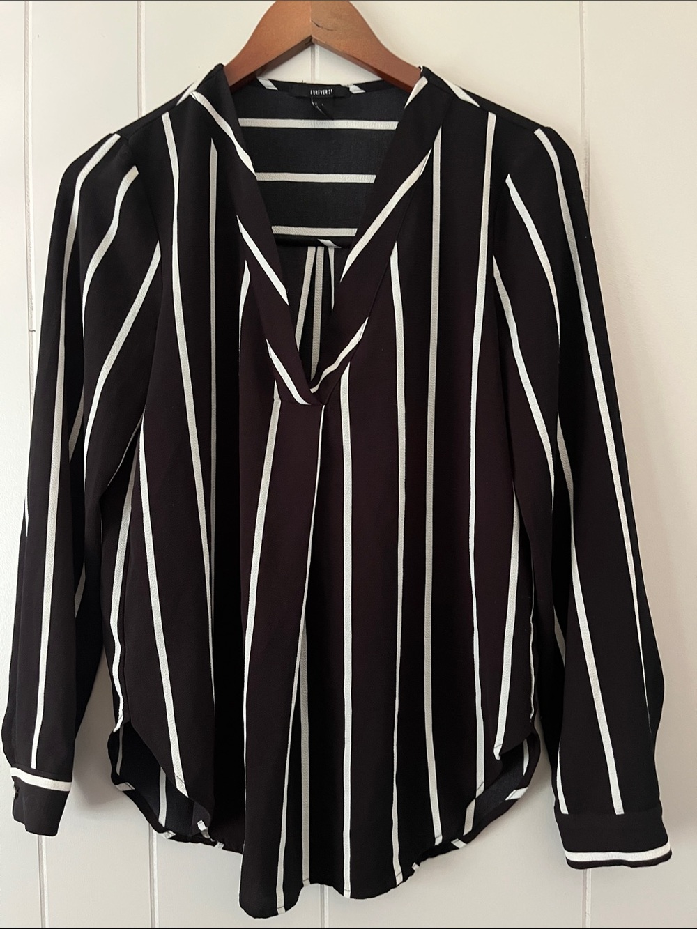 Forever 21 Black and White Striped V-Neck Blouse